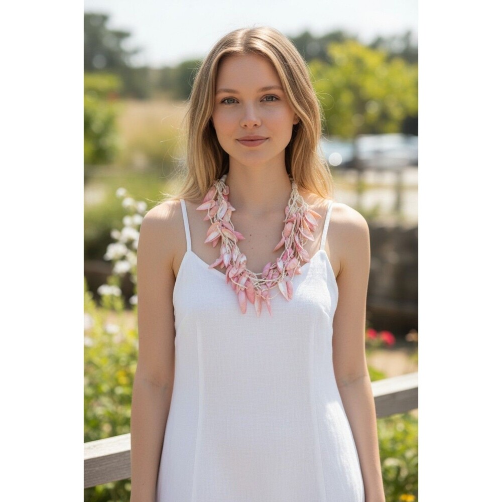 Pink Shell Statement Necklace, Layered Beaded Beach Coastal Mermaidcore Jewelry - Picture 2 of 7